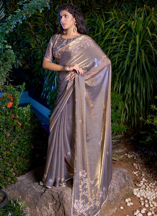 Sattin Silk Grey Wedding Wear Hand Work Saree